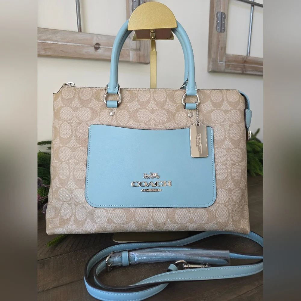 Coach Emma Satchel Crossbody Signature Coated Canvas Light Blue Leather Accents - Picture 2 of 15